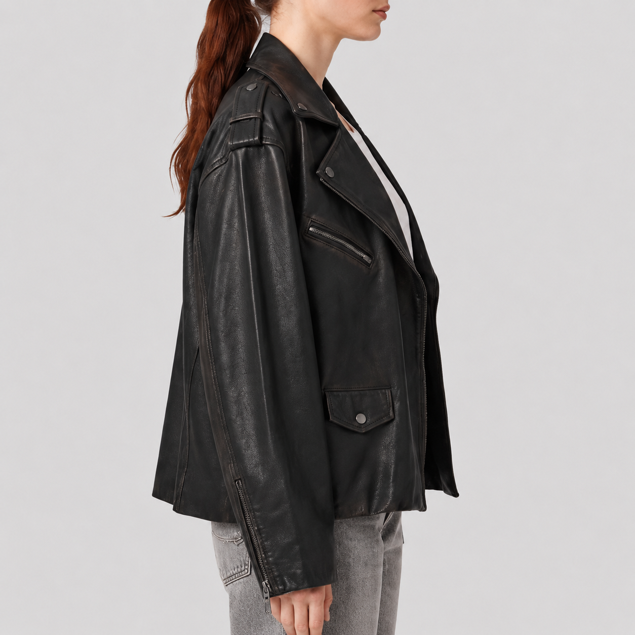 Women's Relaxed Sheepskin Leather Gathered-Waist Moto Jacket