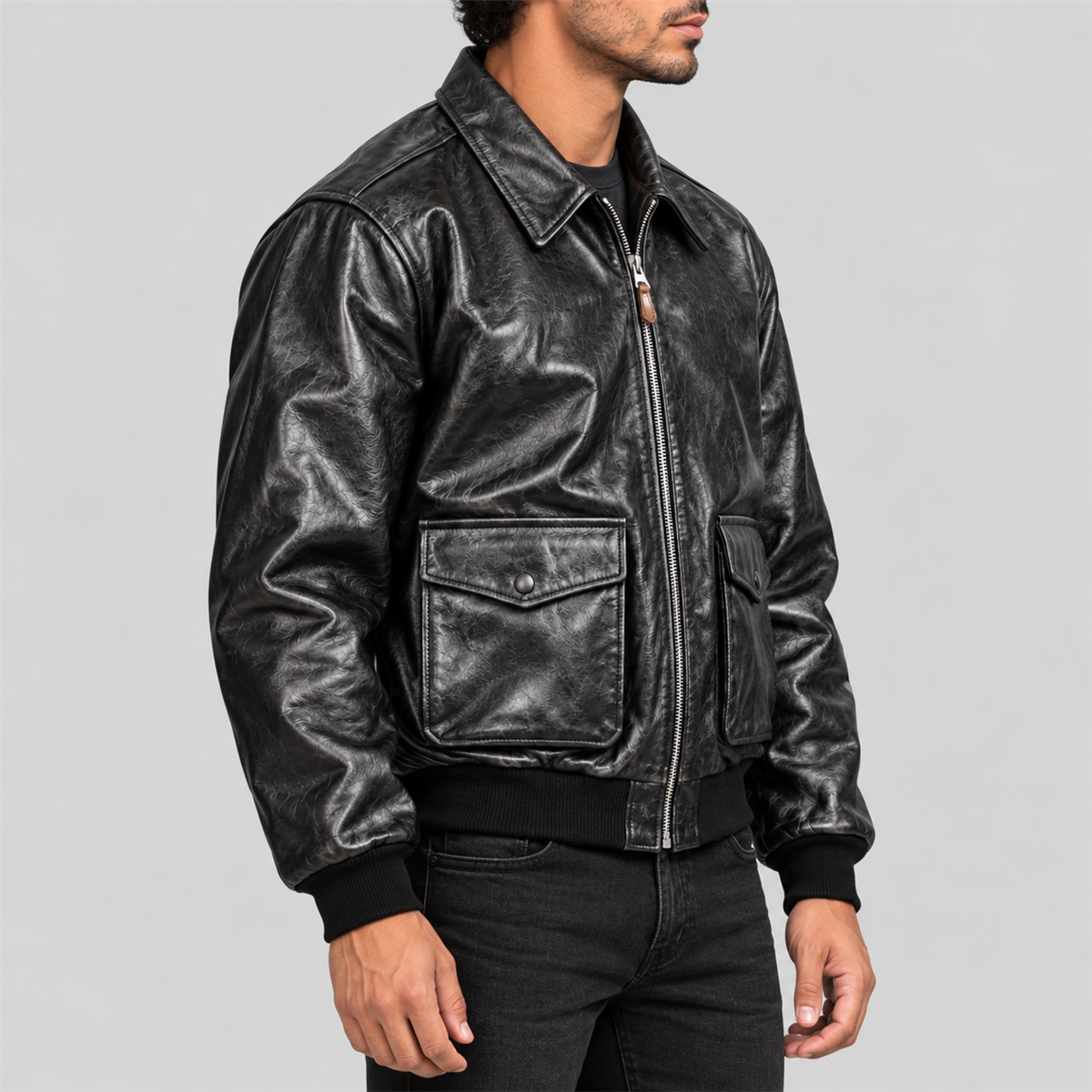 Men's Classic Black Flap-Pocket Leather Bomber Jacket