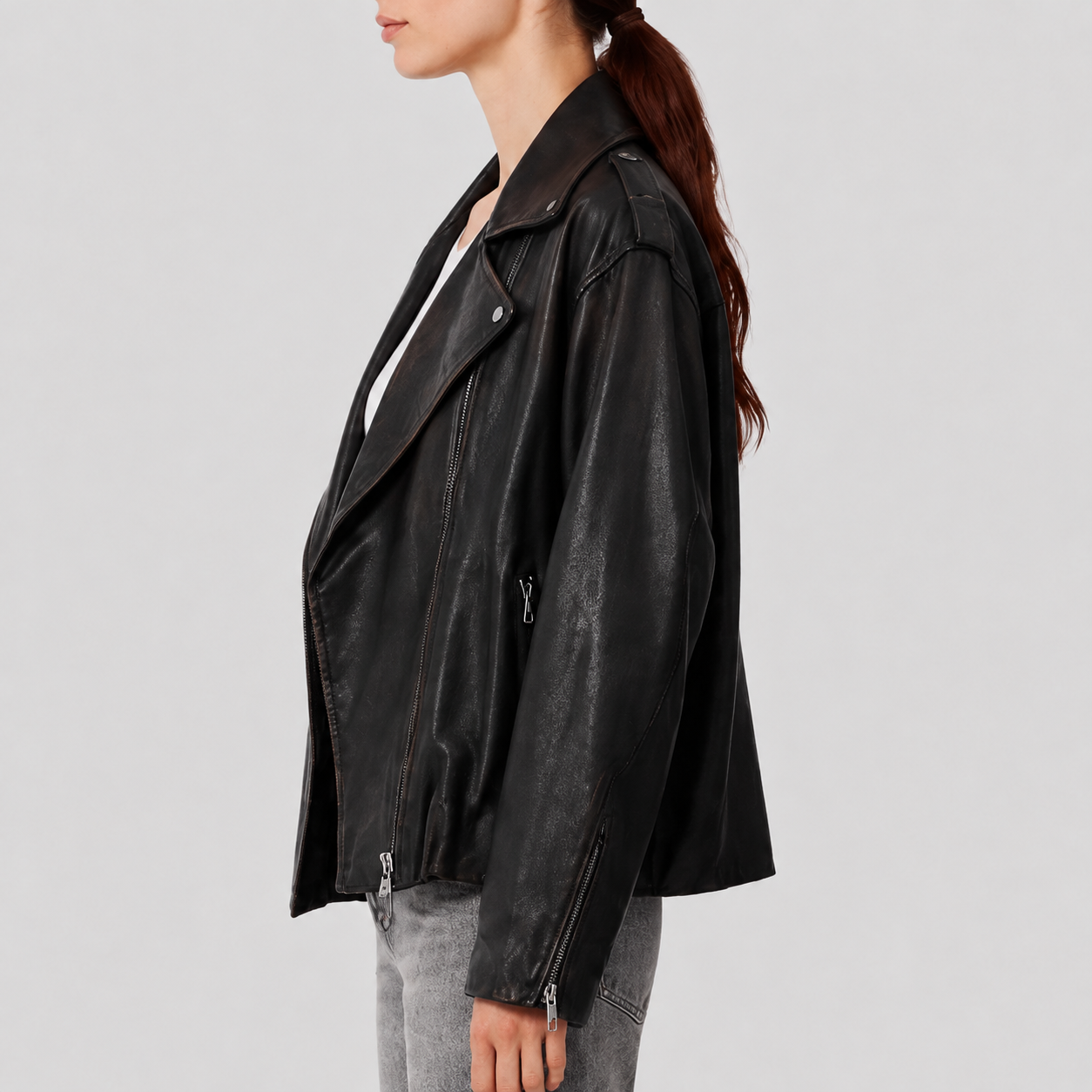 Women's Relaxed Sheepskin Leather Gathered-Waist Moto Jacket