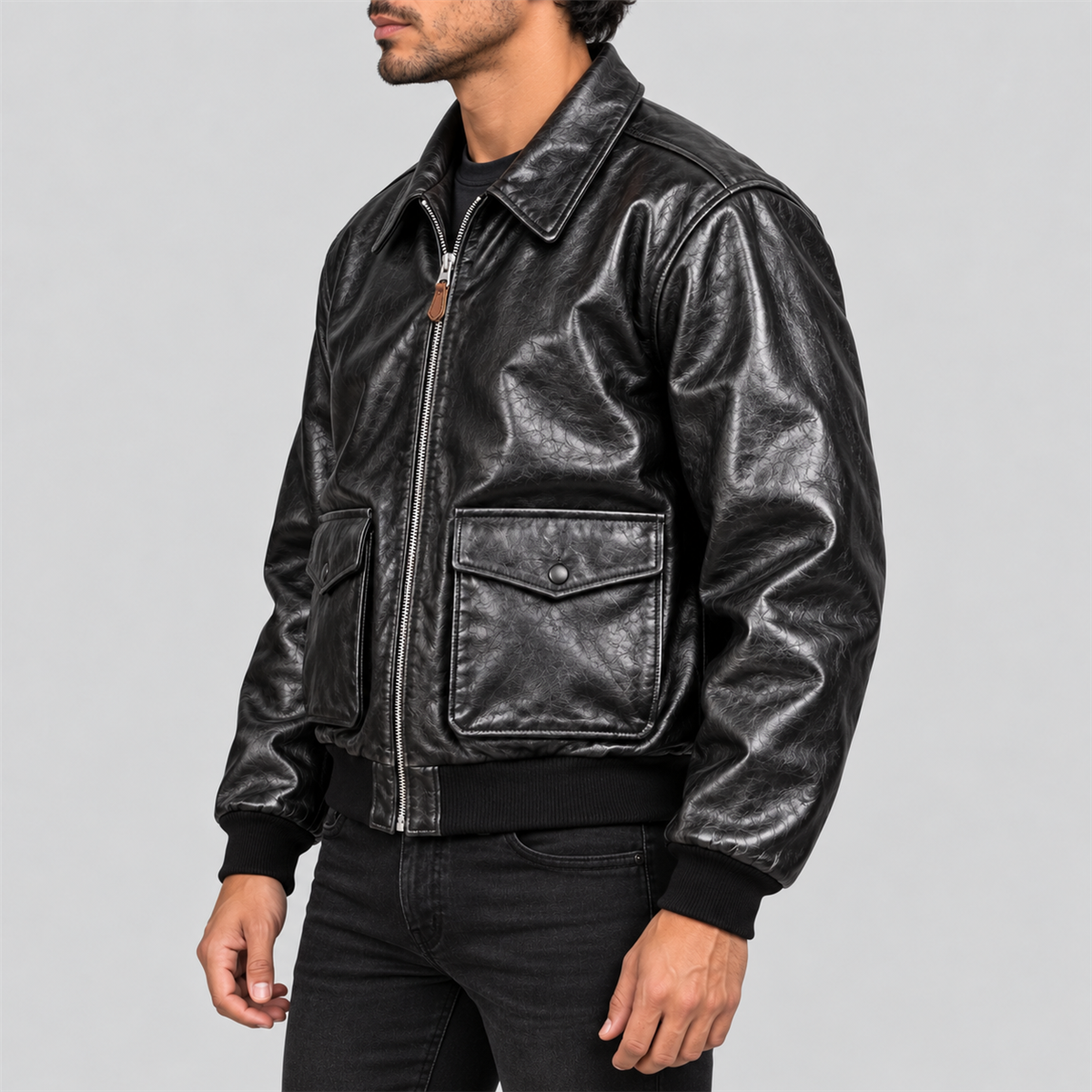 Men's Classic Black Flap-Pocket Leather Bomber Jacket
