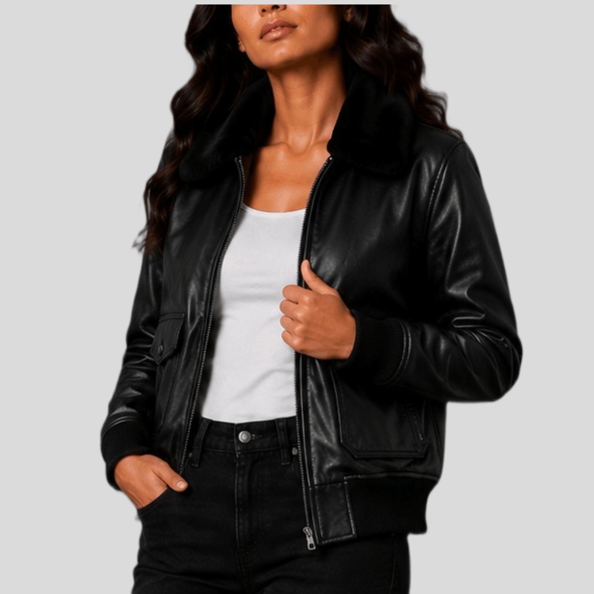 Women's Vintage Black Sheepskin Leather Bomber Jacket with Fur Collar