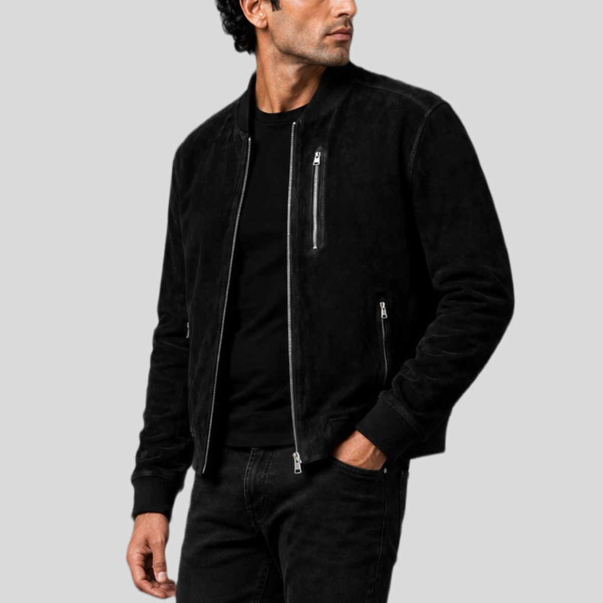 Men's Sheepskin Suede Bomber Jacket