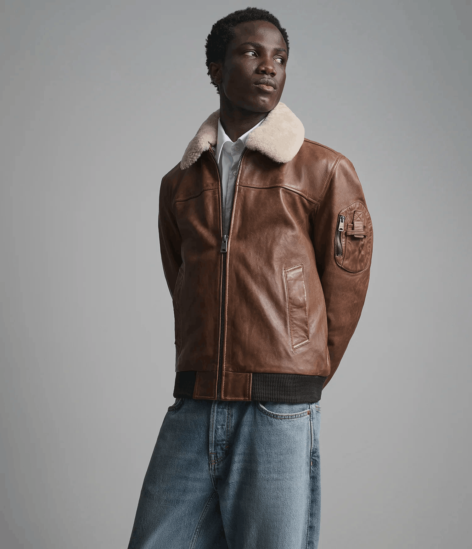 Men's Leather Bomber Jacket with Removable Shearling Collar