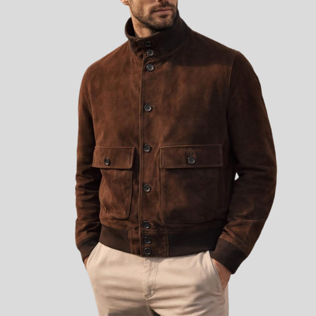 Men's Dark Brown Sheepskin Suede Bomber Jacket - Brown