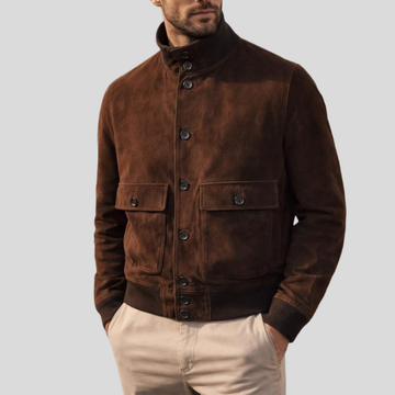 Men's Dark Brown Sheepskin Suede Bomber Jacket - Brown