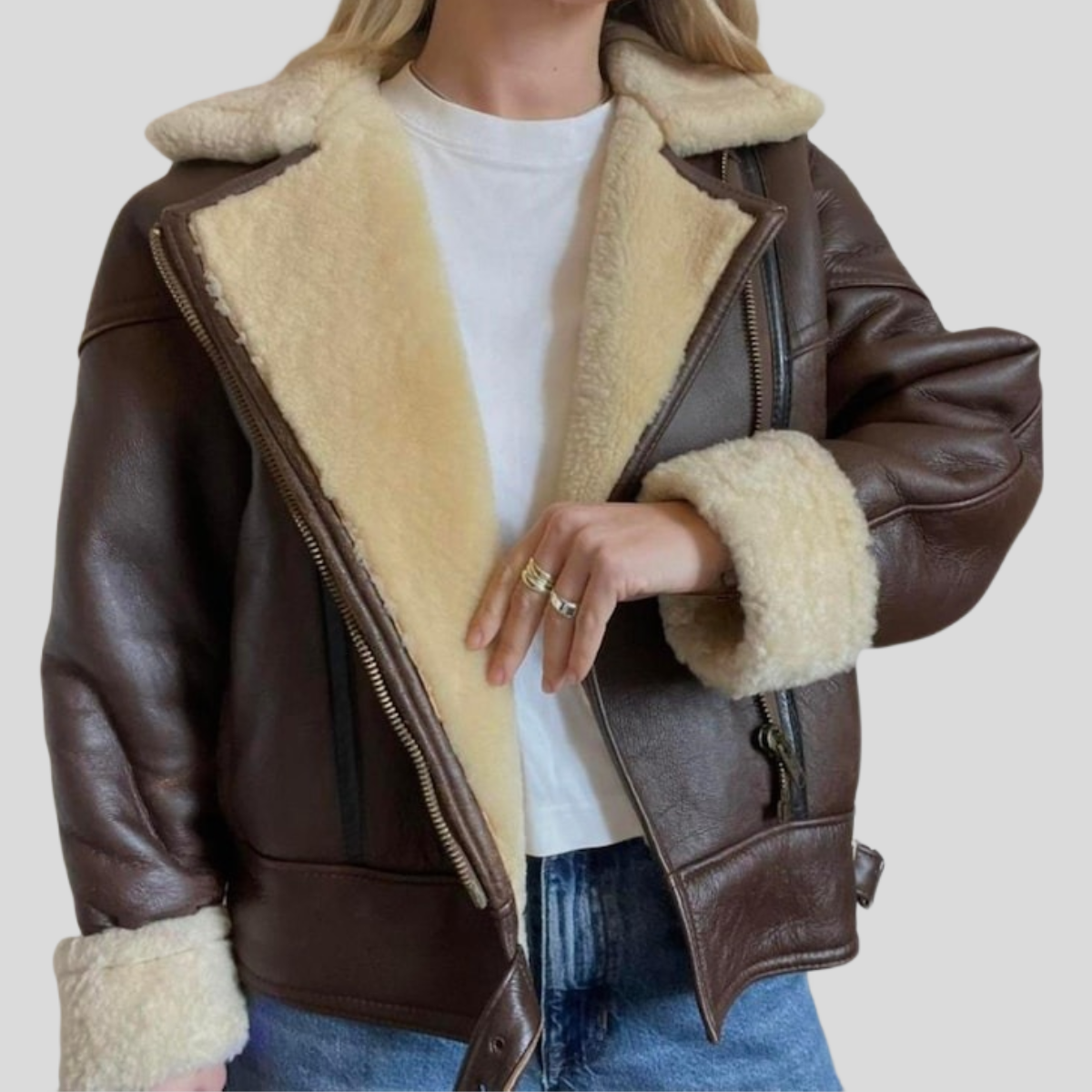 Women's Vintage B-3 Brown Sheepskin Shearling Aviator Bomber Jacket
