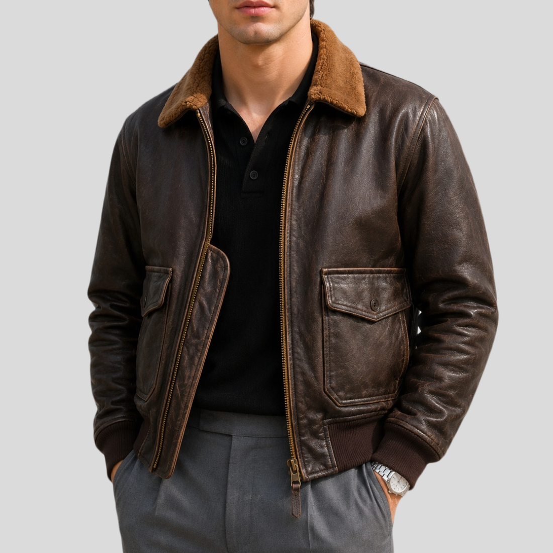 Men's Vintage Sheepskin Leather Flight Bomber Jacket - Brown