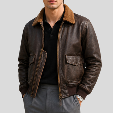 Men's Vintage Sheepskin Leather Flight Bomber Jacket - Brown