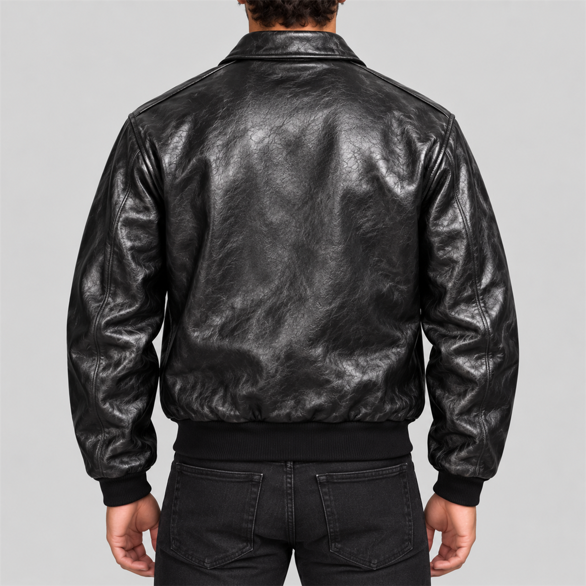 Men's Classic Black Flap-Pocket Leather Bomber Jacket
