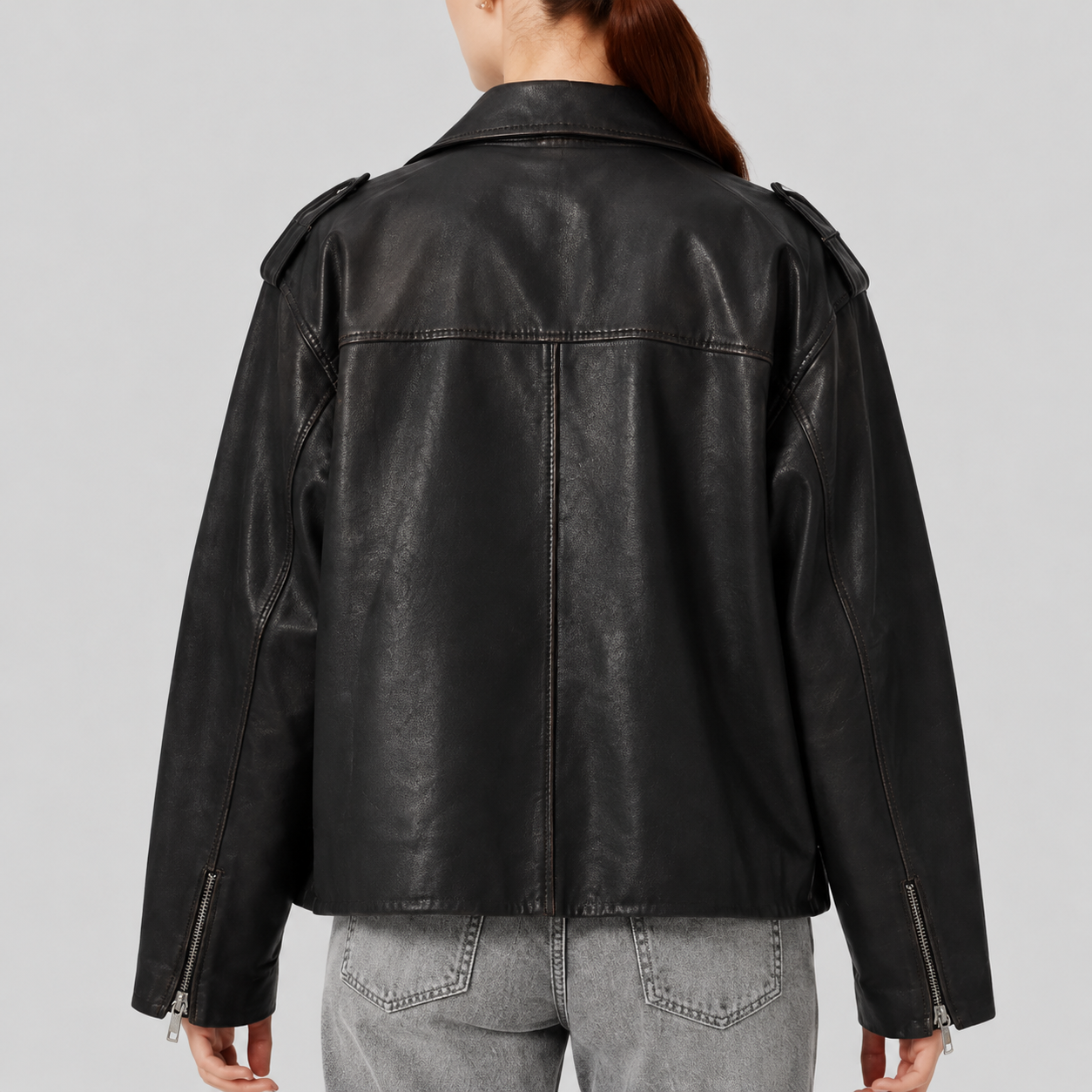 Women's Relaxed Sheepskin Leather Gathered-Waist Moto Jacket