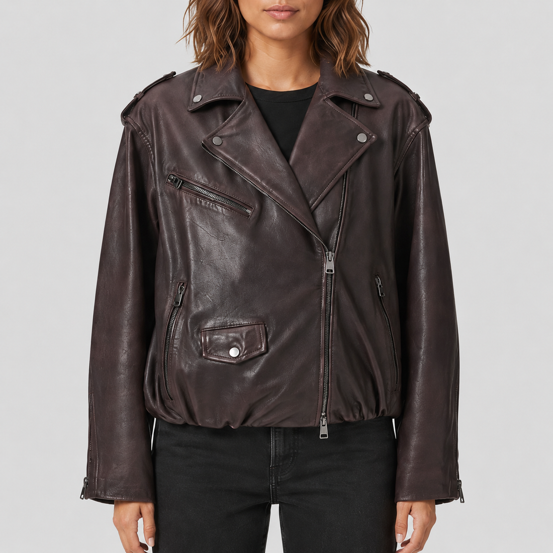 Women's Voluminous Sheepskin Leather Biker Jacket - Brown