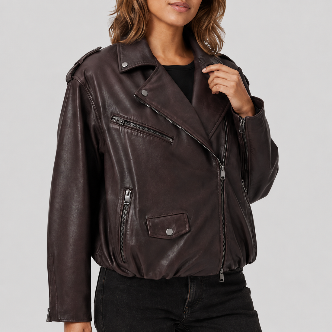 Women's Voluminous Sheepskin Leather Biker Jacket - Brown