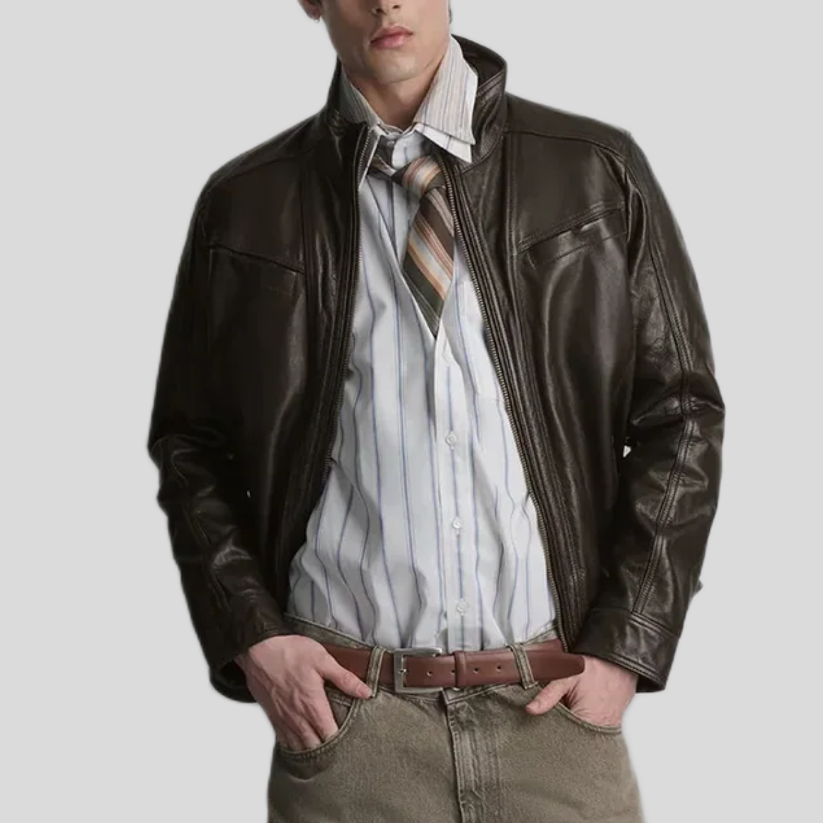 Men's Sean Vintage Leather Racer Jacket - Brown