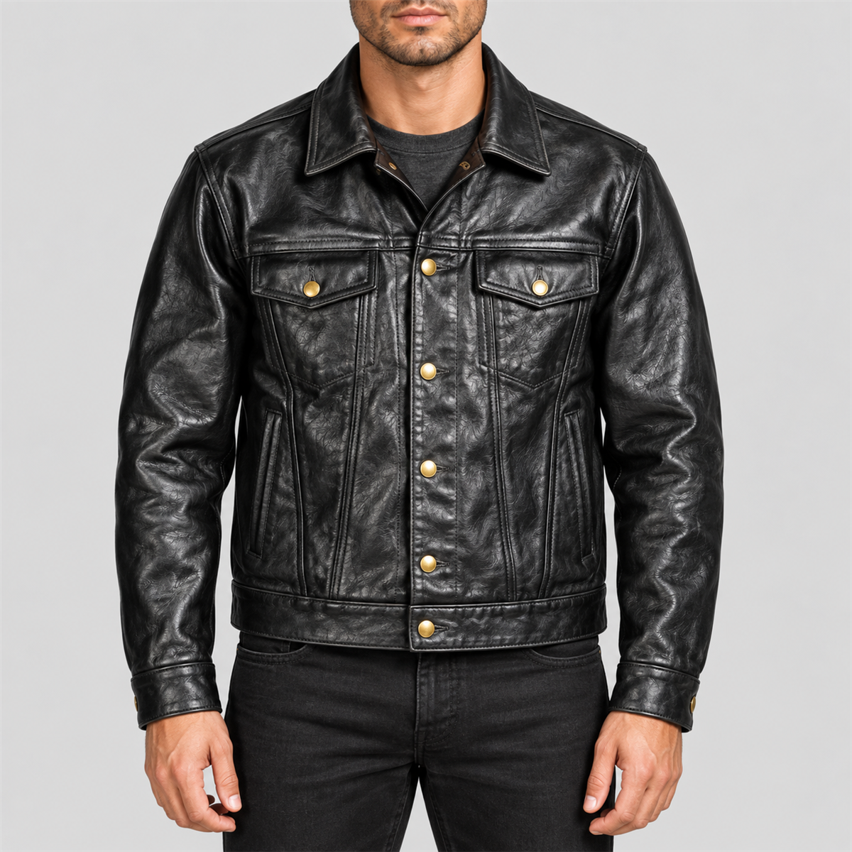 Men's Classic Black Leather Trucker Jacket with Brass-Tone Buttons