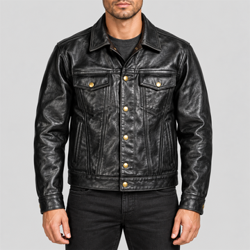 Men's Classic Black Leather Trucker Jacket with Brass-Tone Buttons