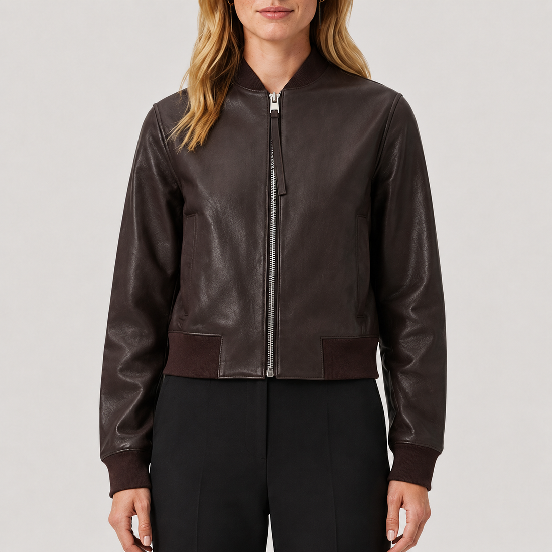 Women's Supple Sheepskin Leather Ribbed Bomber Jacket - Brown