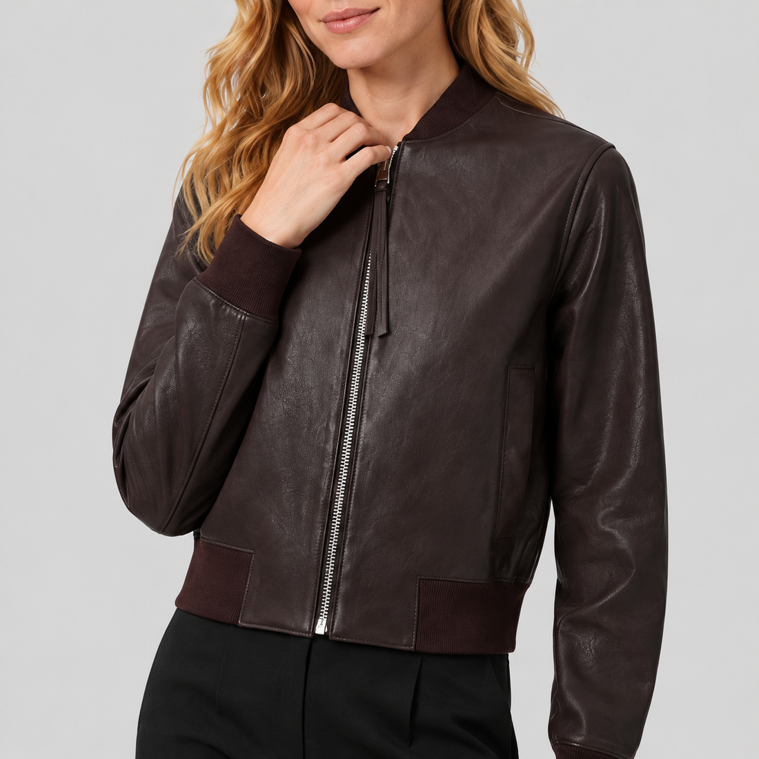 Women's Supple Sheepskin Leather Ribbed Bomber Jacket - Brown