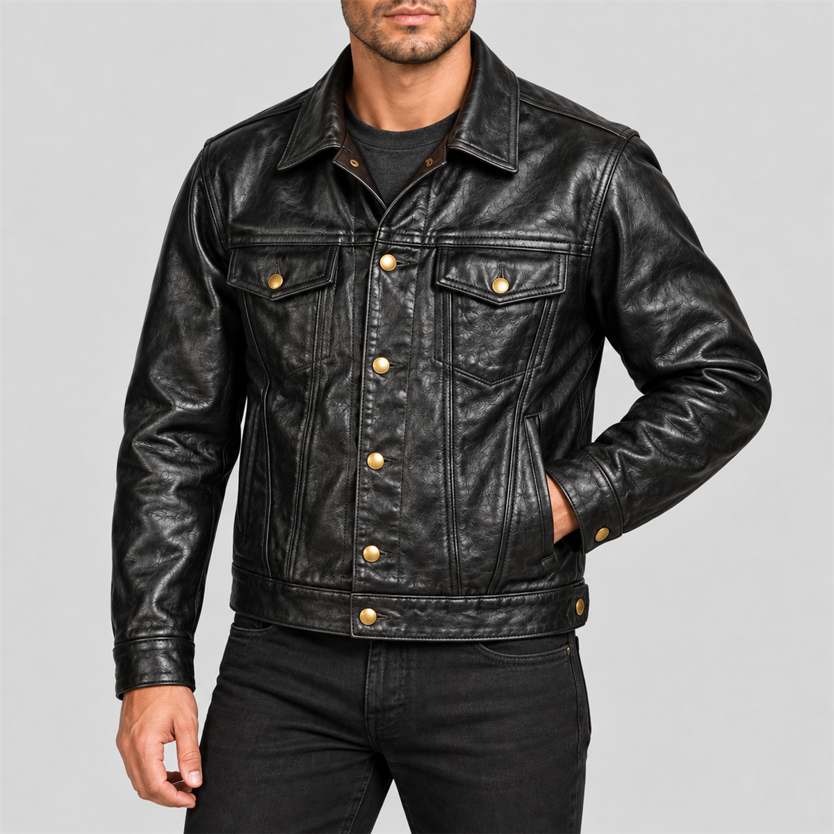 Men's Classic Black Leather Trucker Jacket with Brass-Tone Buttons