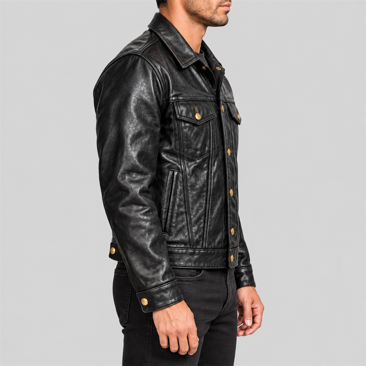 Men's Classic Black Leather Trucker Jacket with Brass-Tone Buttons