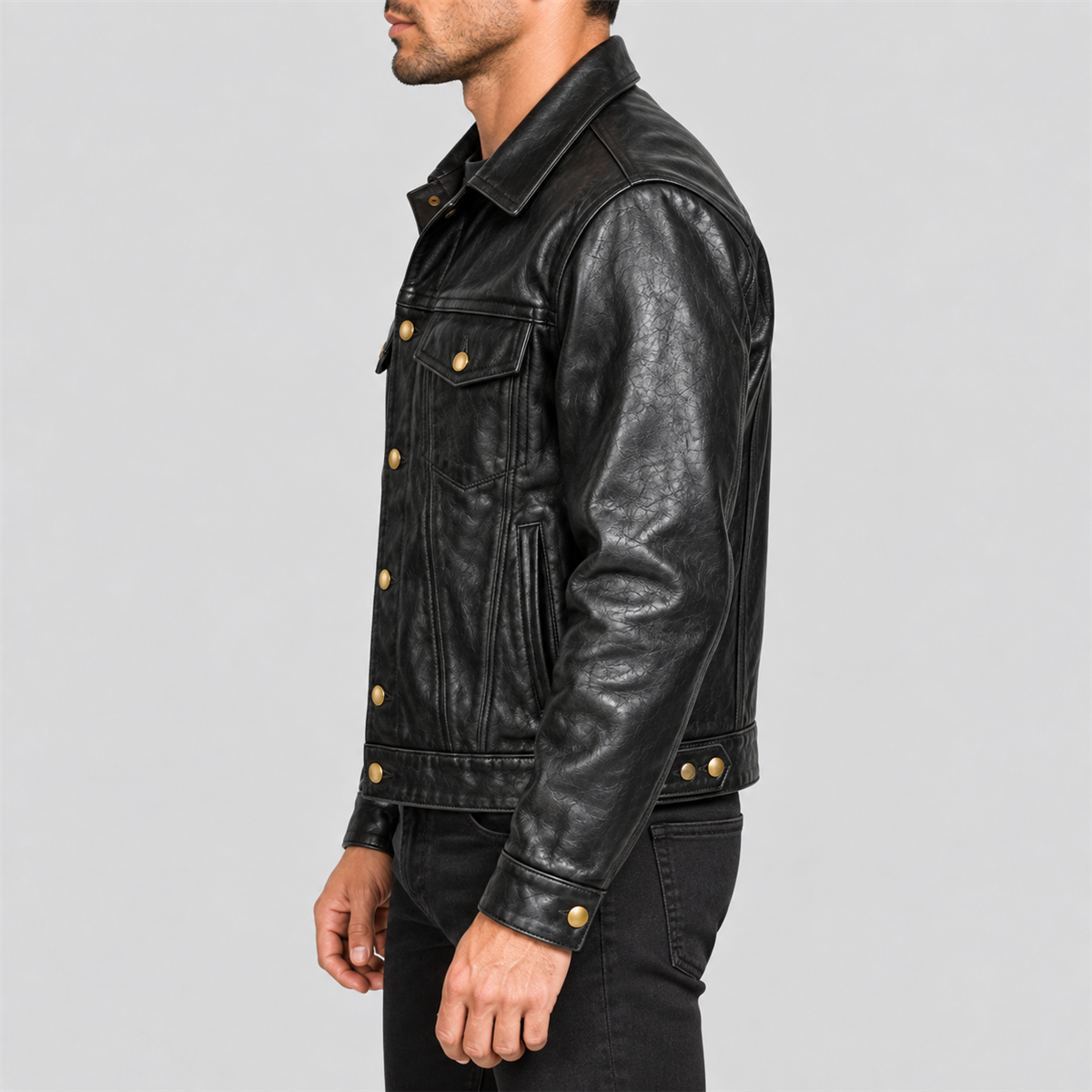 Men's Classic Black Leather Trucker Jacket with Brass-Tone Buttons