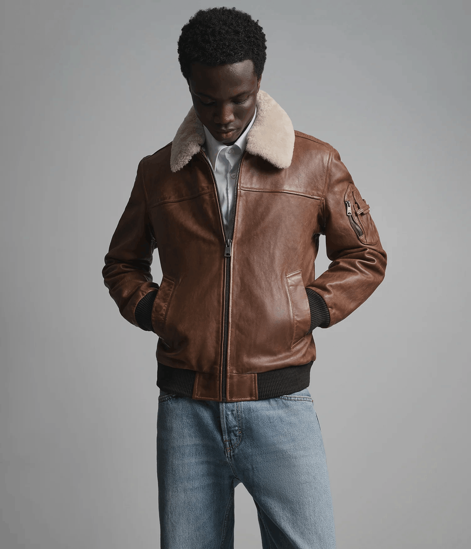Men's Leather Bomber Jacket with Removable Shearling Collar