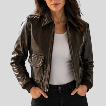 Women's Vintage Sheepskin Leather Bomber Jacket