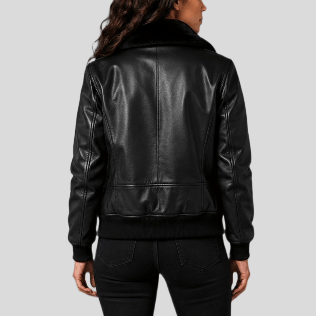Women's Vintage Black Sheepskin Leather Bomber Jacket with Fur Collar