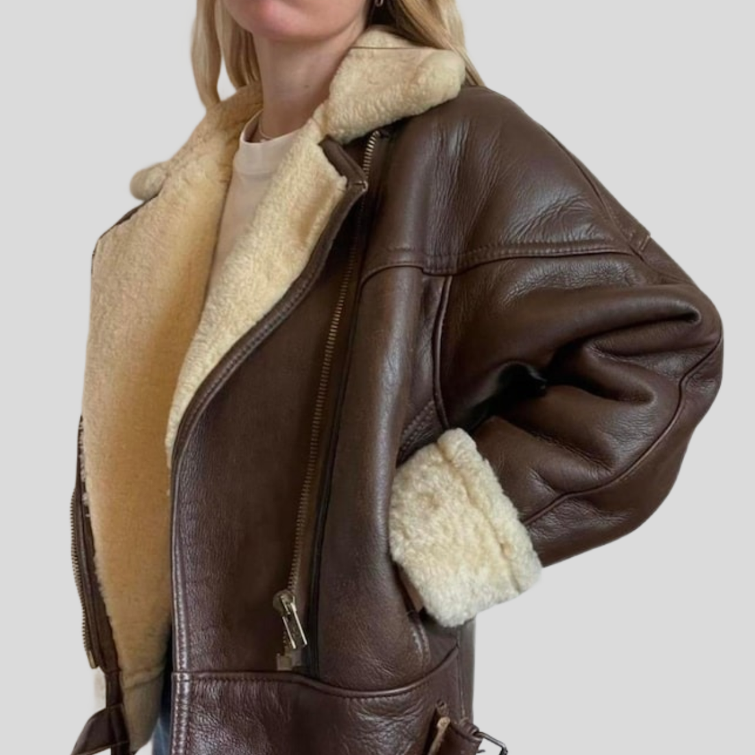 Women's Vintage B-3 Brown Sheepskin Shearling Aviator Bomber Jacket - Brown