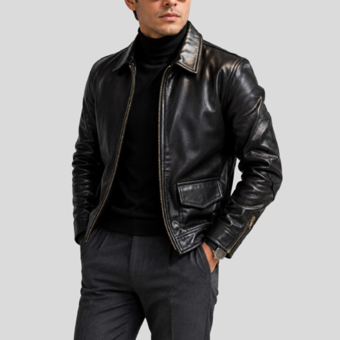 Men's Vintage Military Flight Leather Jacket - Black