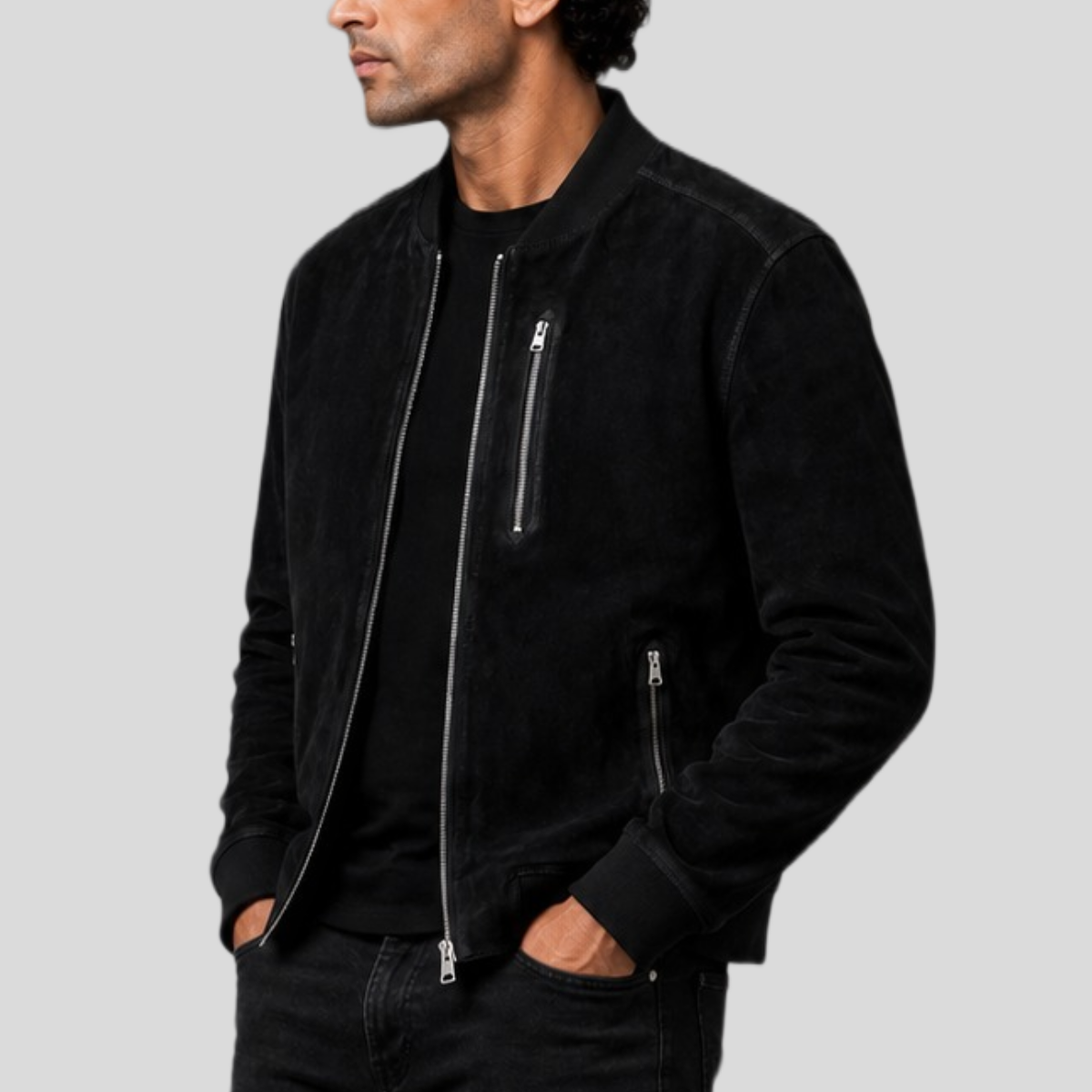 Men's Sheepskin Suede Bomber Jacket