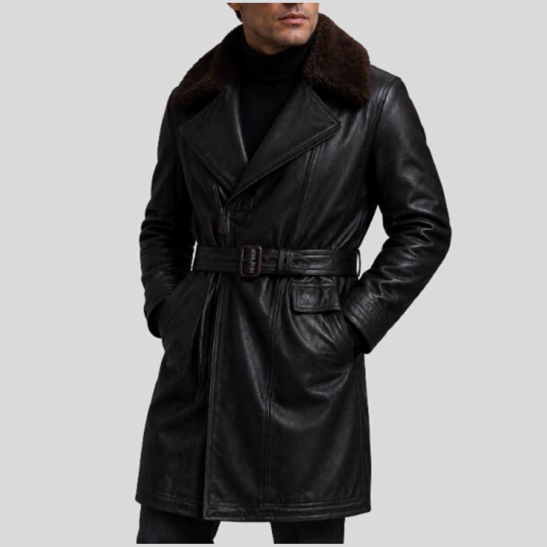 Men's Sheepskin Leather Military Coat with Shearling Fur Collar - Black
