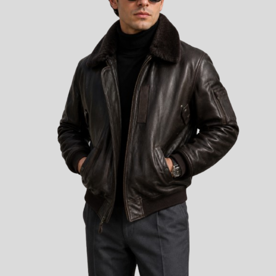 Men's Vintage Leather Flight Bomber Jacket with Removable Fur Collar - Brown