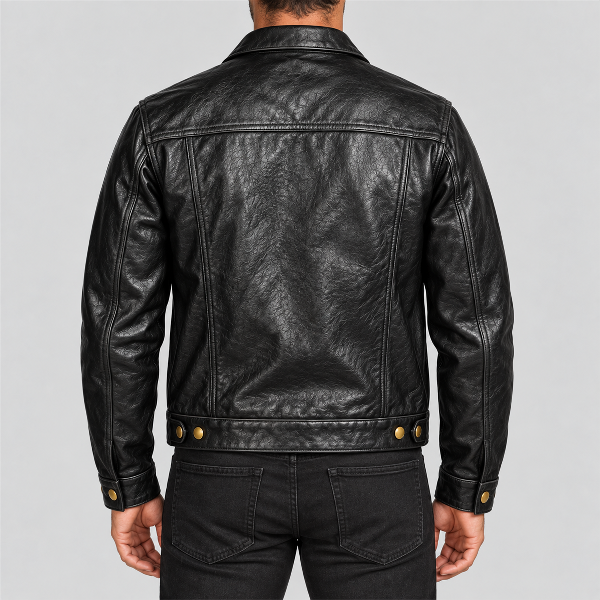 Men's Classic Black Leather Trucker Jacket with Brass-Tone Buttons