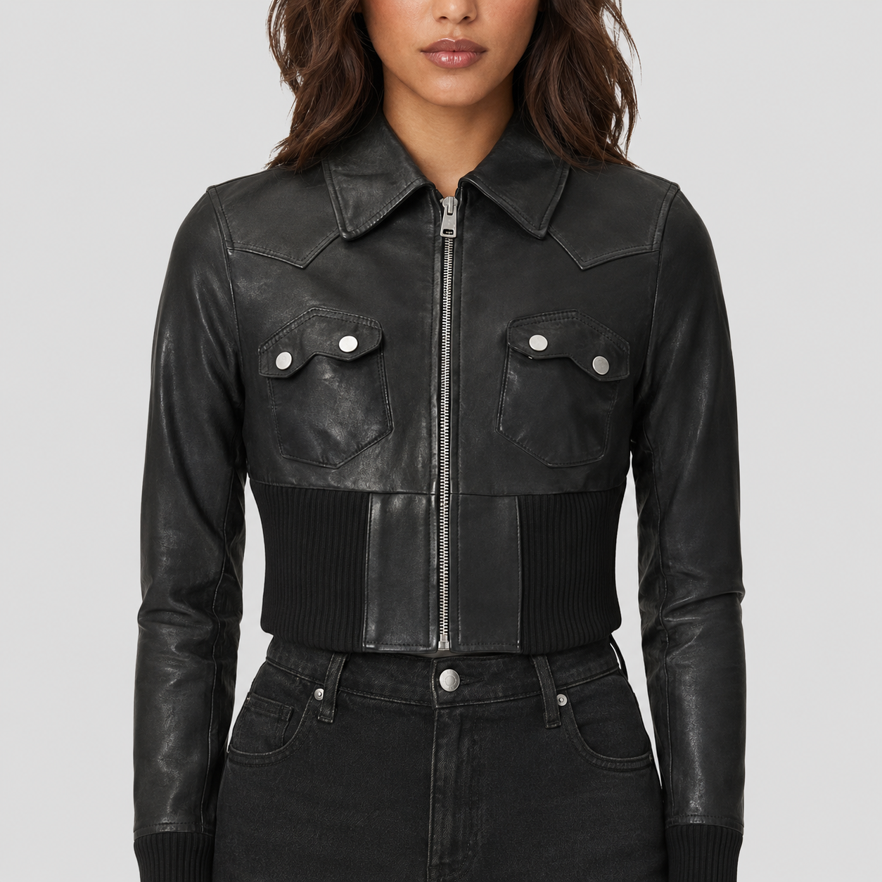 Women's Cropped Sheepskin Leather Sport Moto Jacket - Black