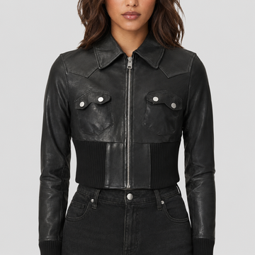 Women's Cropped Sheepskin Leather Sport Moto Jacket - Black