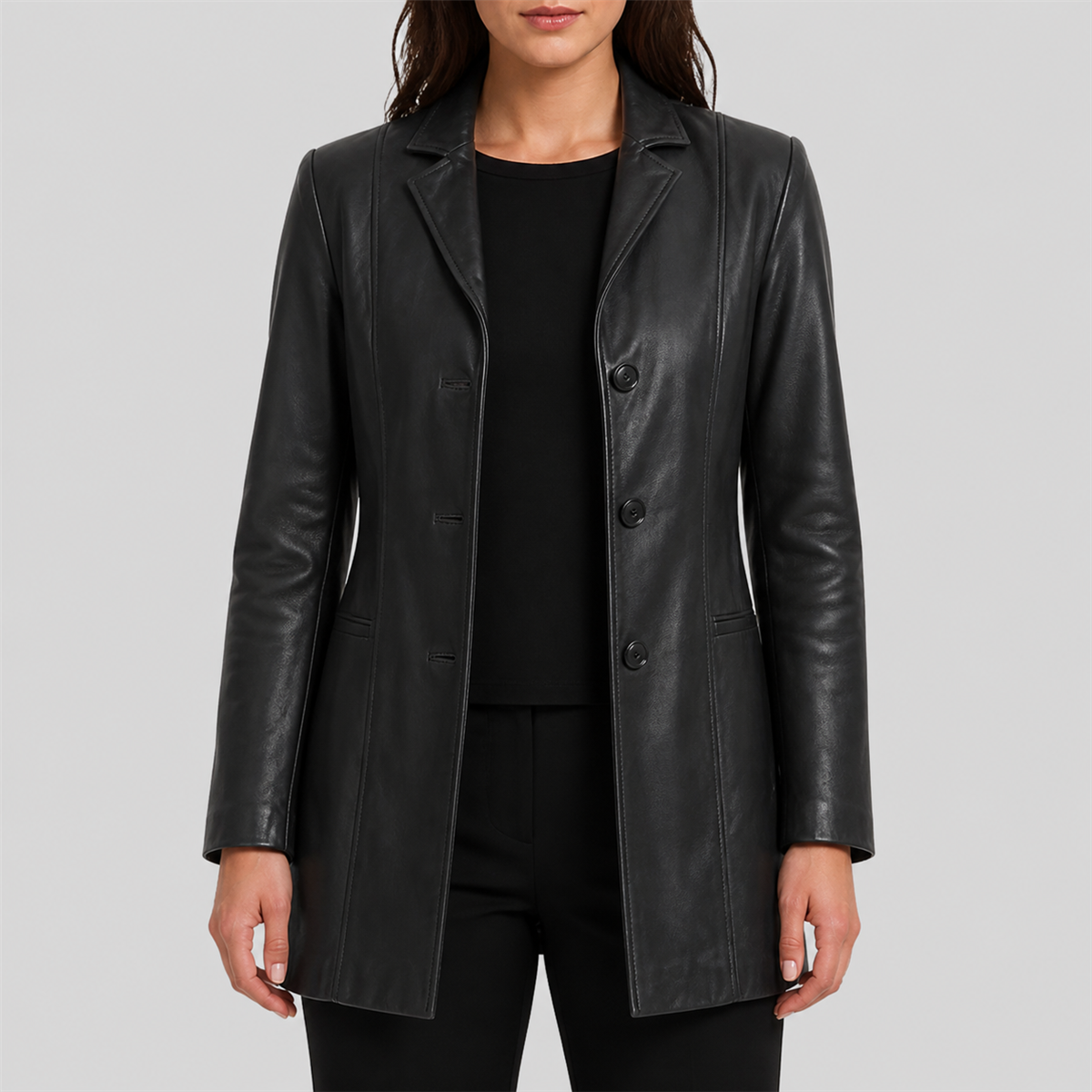 Classic Three-Button Genuine Leather Trench Coat