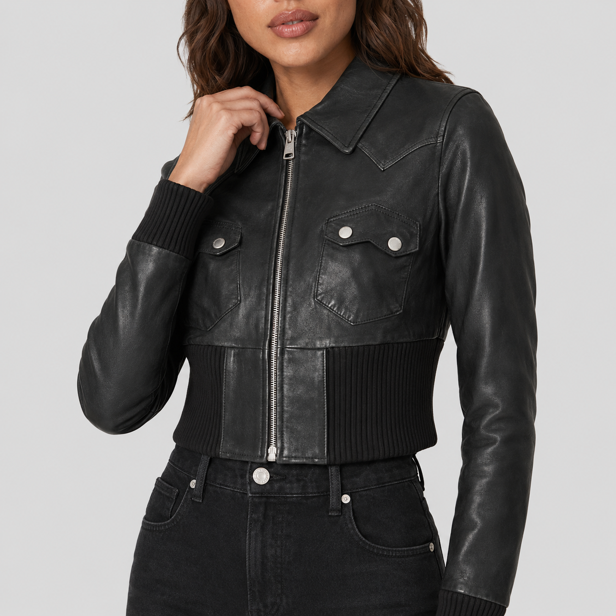 Women's Cropped Sheepskin Leather Sport Moto Jacket