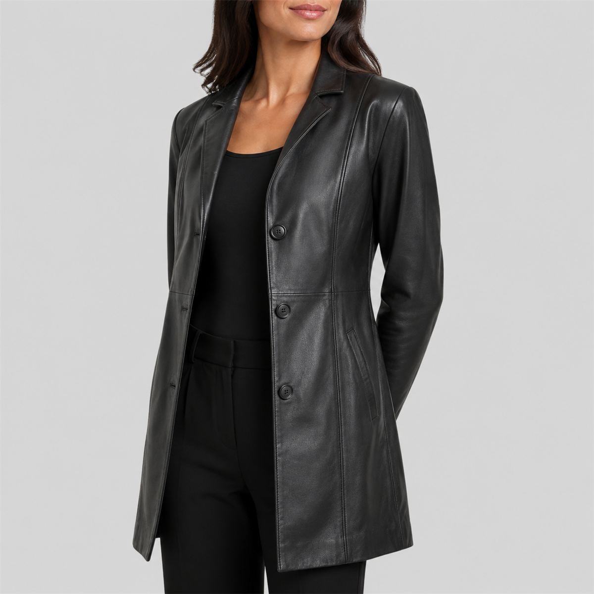 Classic Three-Button Genuine Leather Trench Coat