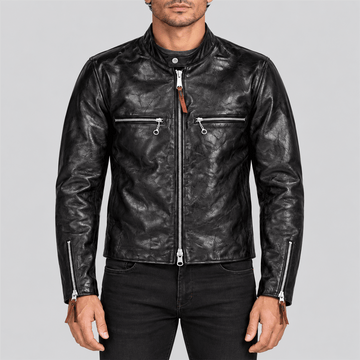 Men's 1950s J-100 Style Black Tea-Core Cowhide Leather Racer Jacket