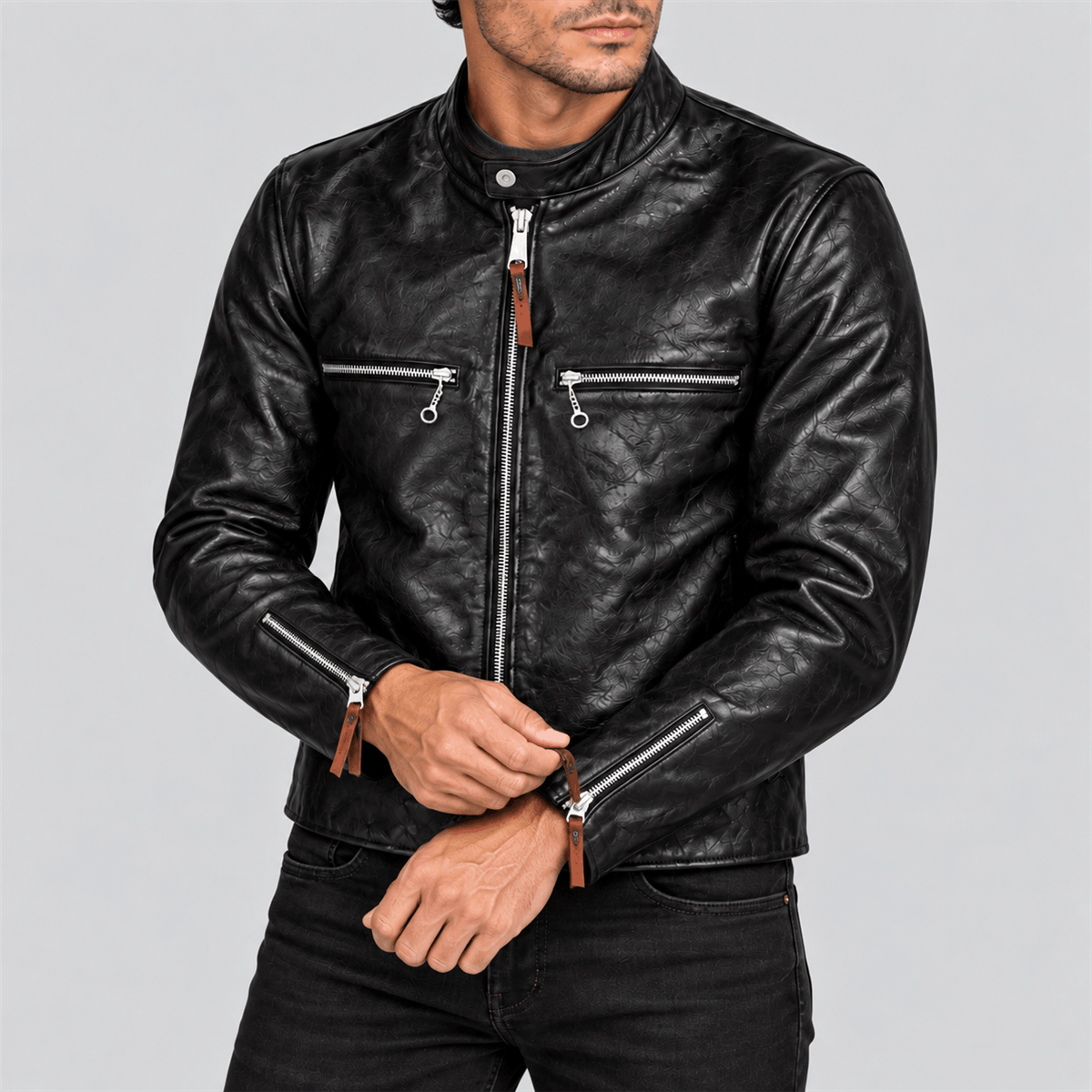 Men's 1950s J-100 Style Black Tea-Core Cowhide Leather Racer Jacket
