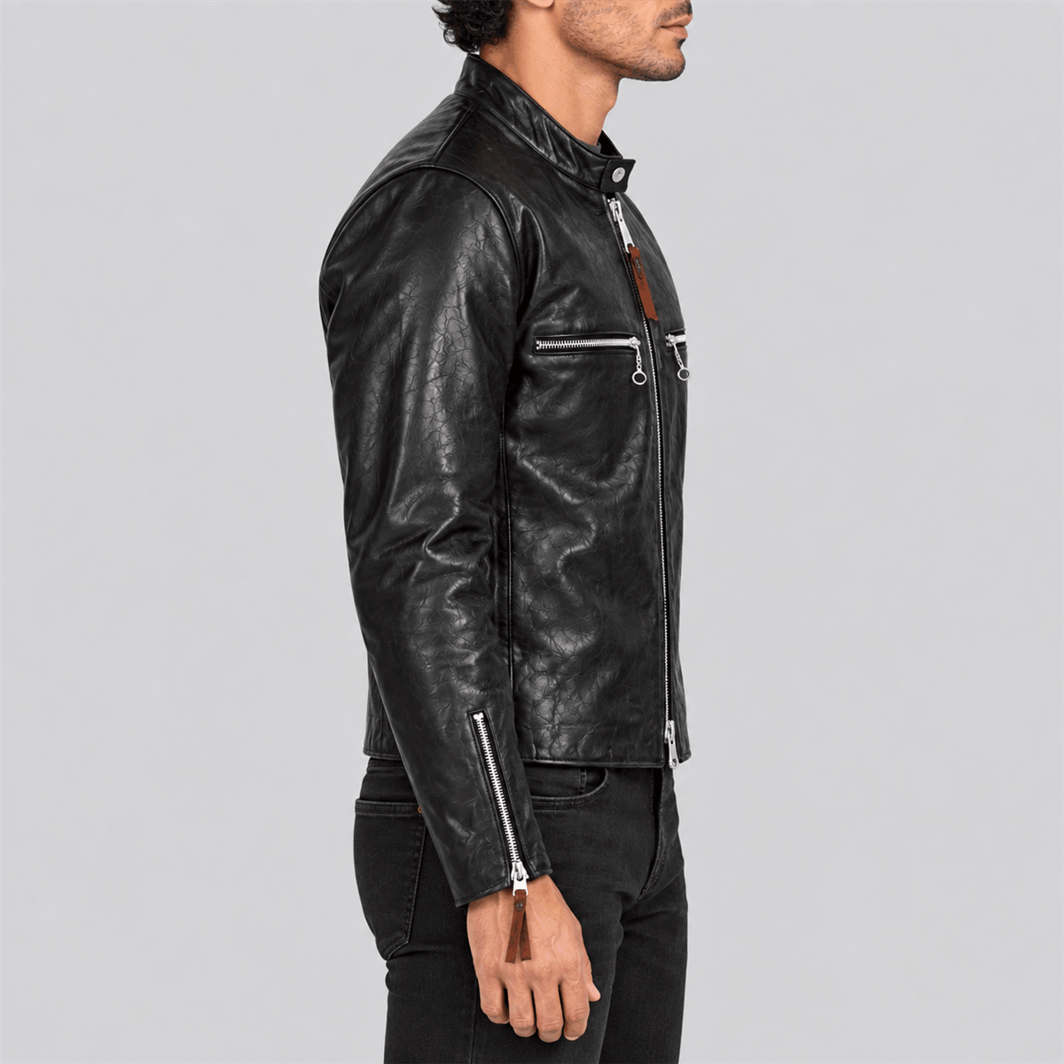 Men's 1950s J-100 Style Black Tea-Core Cowhide Leather Racer Jacket