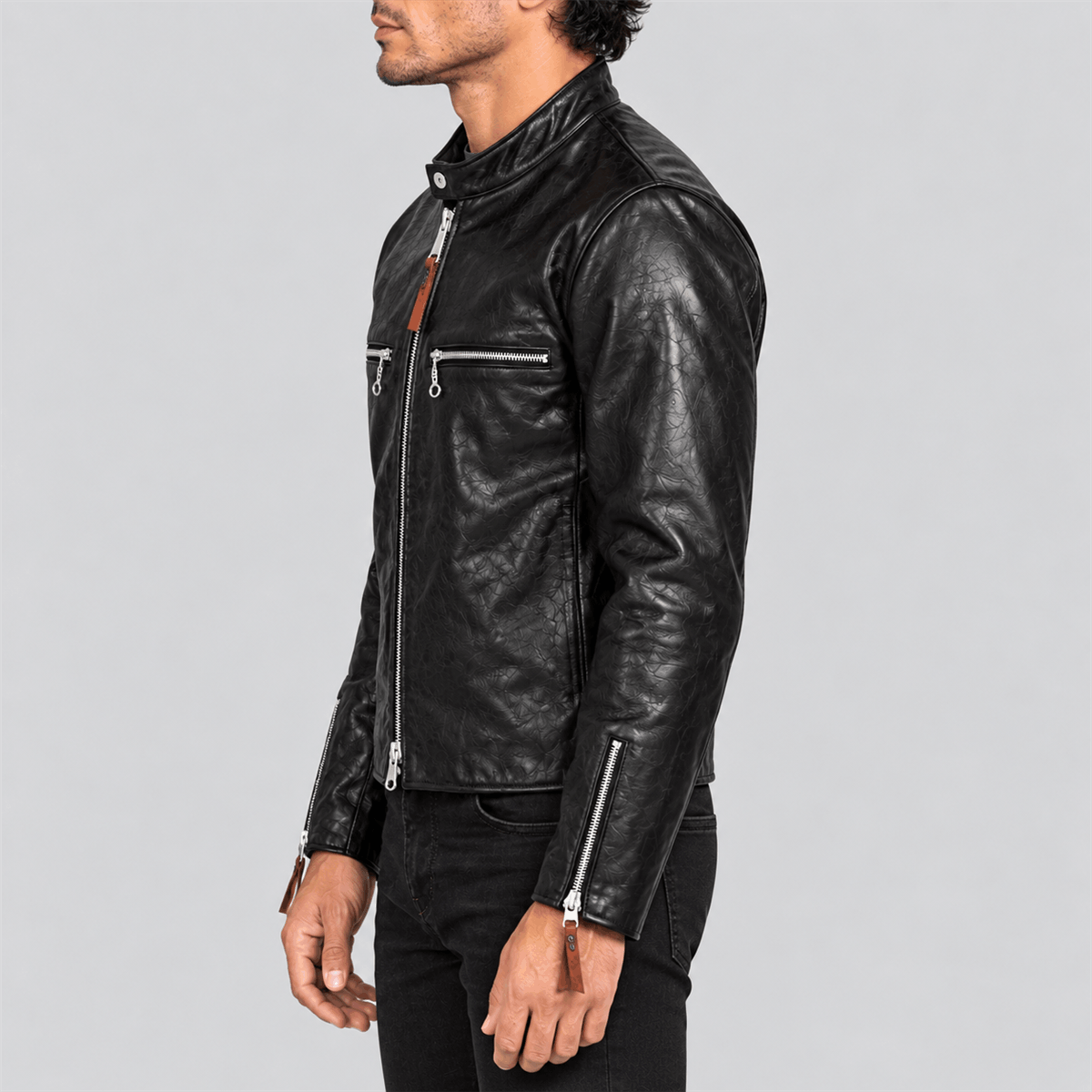 Men's 1950s J-100 Style Black Tea-Core Cowhide Leather Racer Jacket