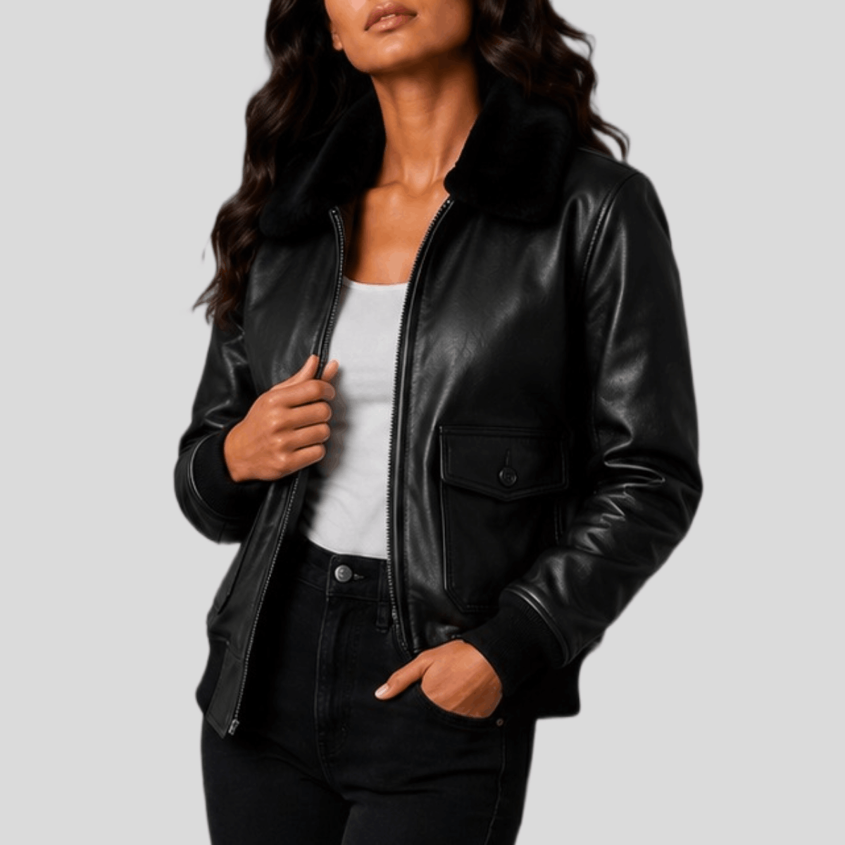 Women's Vintage Black Sheepskin Leather Bomber Jacket with Fur Collar