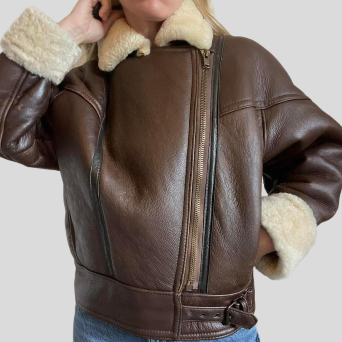 Women's Vintage B-3 Brown Sheepskin Shearling Aviator Bomber Jacket - Brown