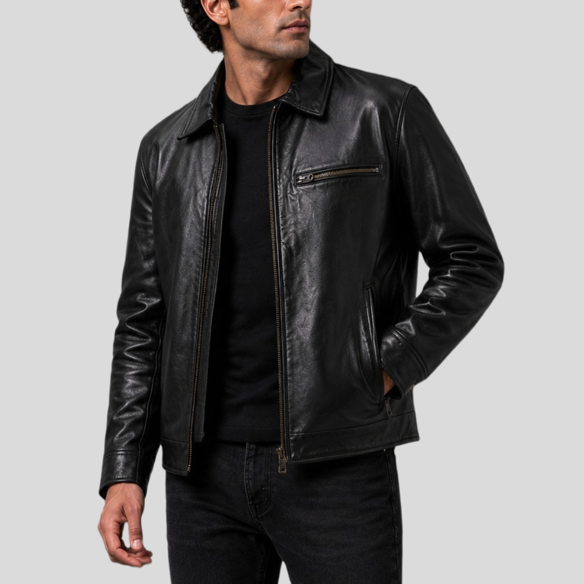 Men's Vintage Sheepskin Leather Motorcycle Jacket - Black
