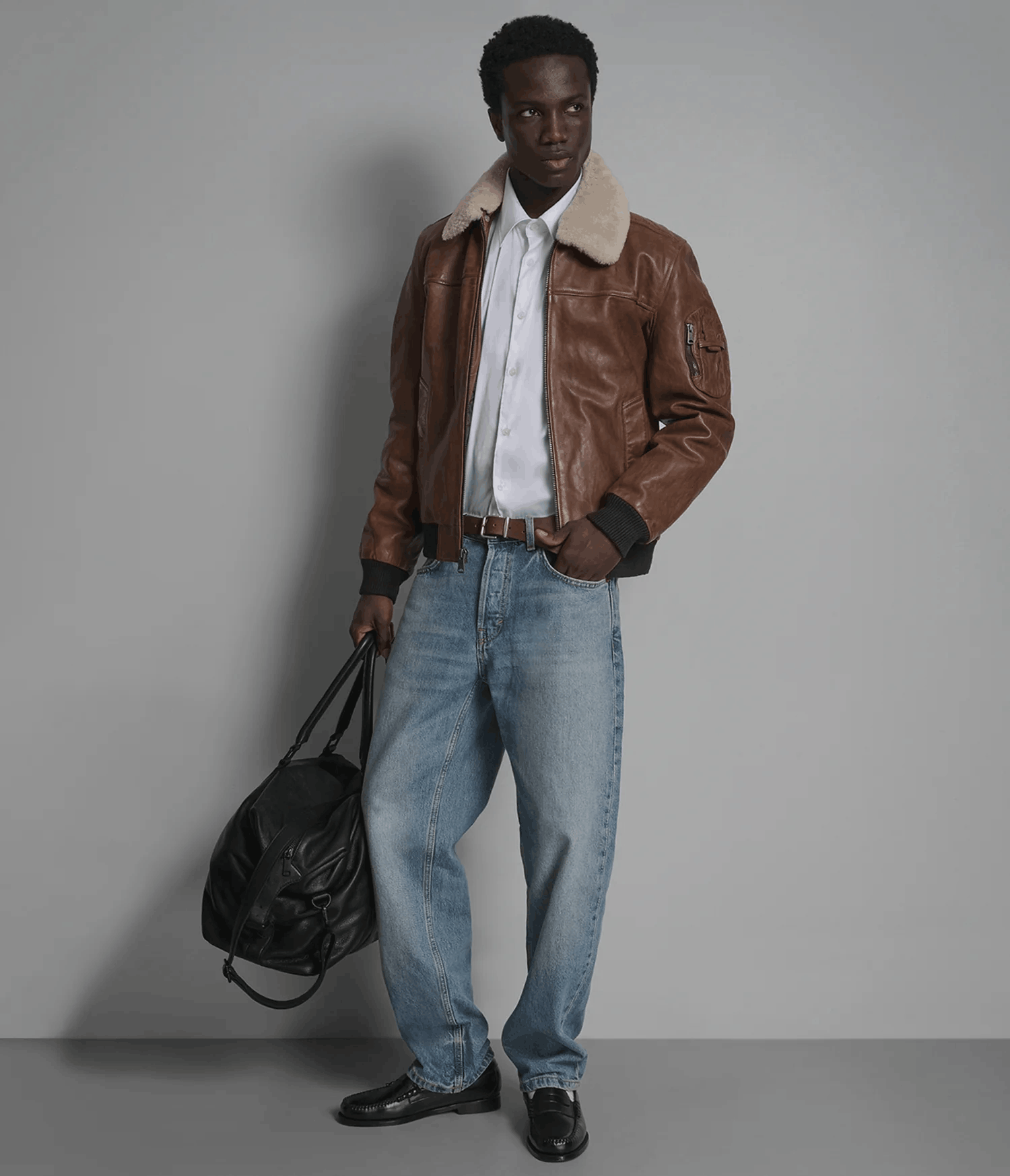 Men's Leather Bomber Jacket with Removable Shearling Collar