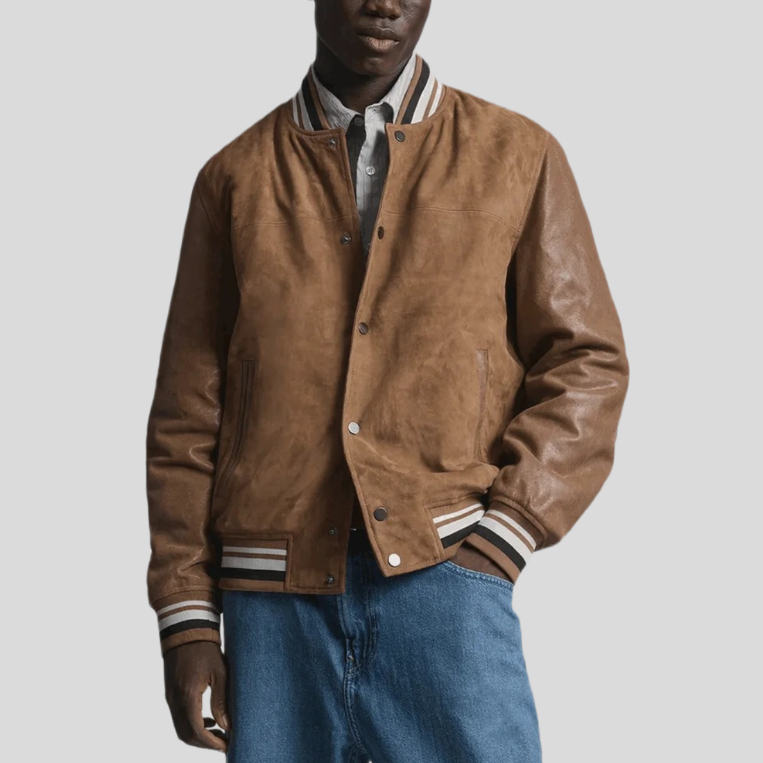 Men's Vintage Suede Varsity Jacket - Brown
