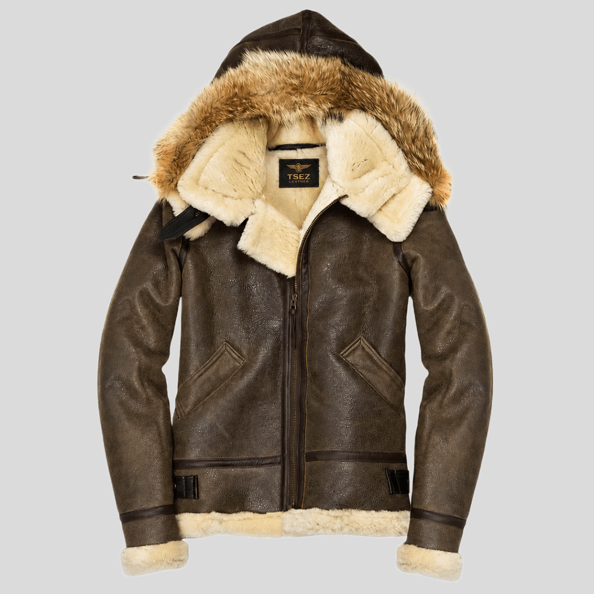 Women's Shearling Leather Bomber Jacket with Removable Fur Hood
