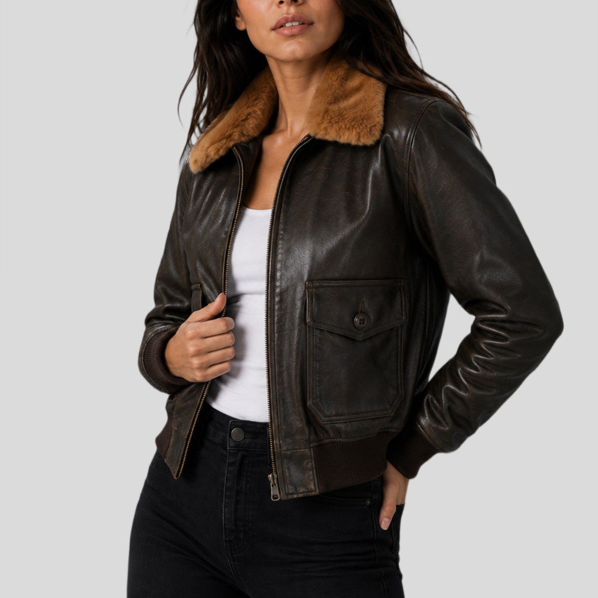 Women's Vintage Sheepskin Leather Bomber Jacket with Fur Collar