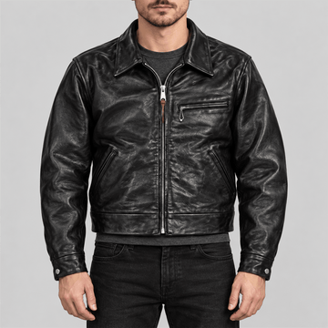 Men's 1930s Cropped Single Black Tea-Core Cowhide Leather Jacket